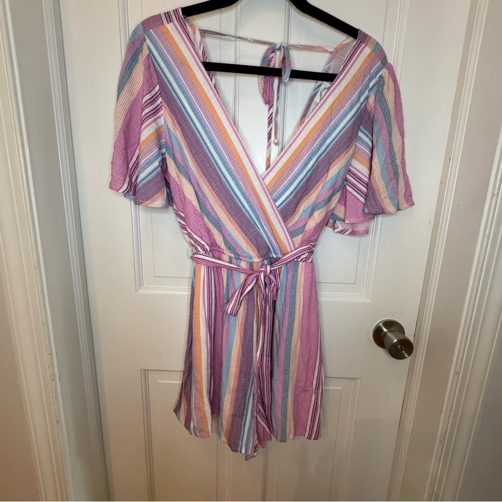 Francesca's Vibrant Striped Wrap Shorts Romper
